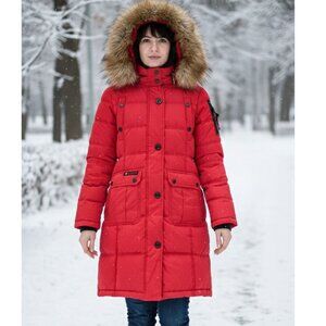 Canada Weather Gear Long Puffer Parka, Red, Womens Size Medium